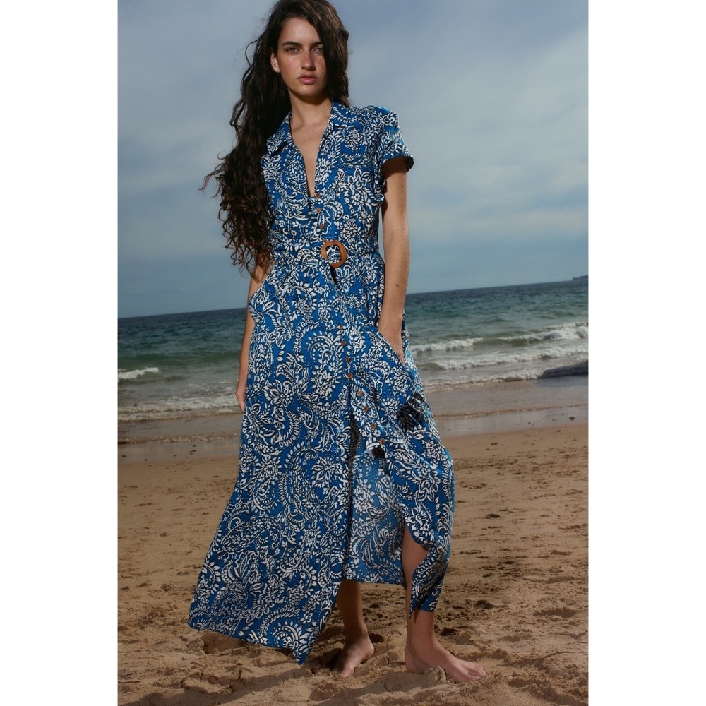 NWT ZARA BELTED PRINTED DRESS ECRU BLUE XL